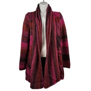 Anthro Iperico Cardigan Sweater Cable Knit Chunky Striped Maroon Pink M Boho